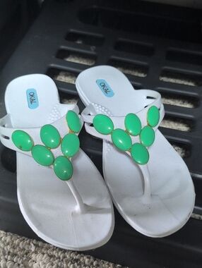 OKA.B White Sandal with Green Gem Accents